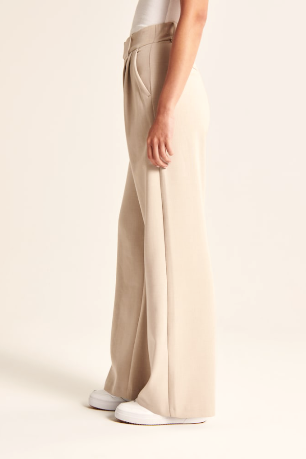 Beige Wide Leg Tailored Pants