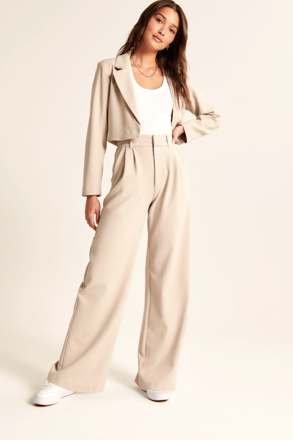 Beige Wide Leg Tailored Pants