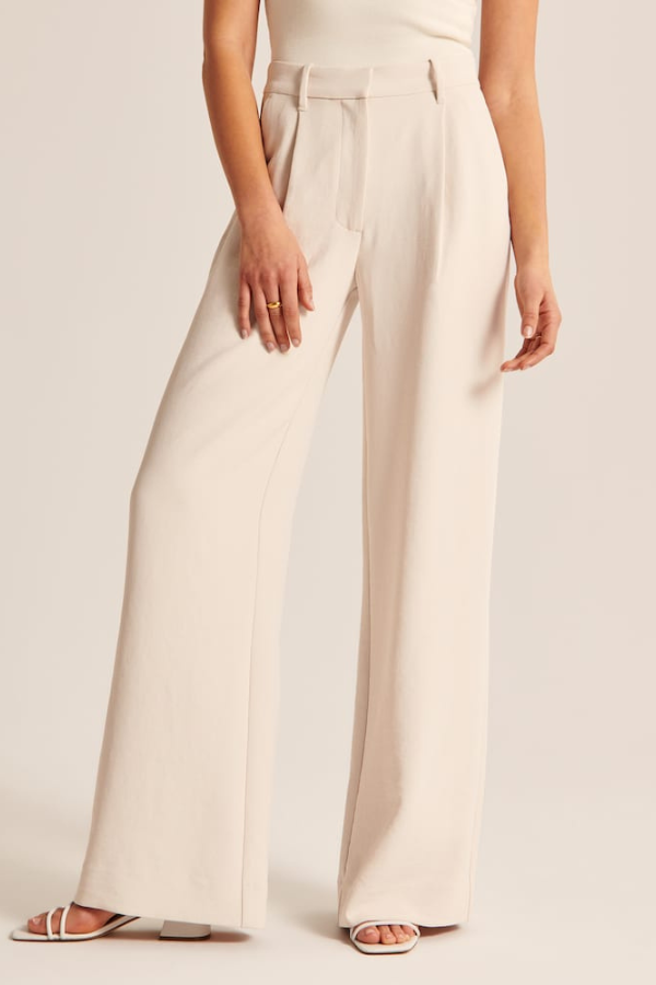 Beige Wide Leg Tailored Pants